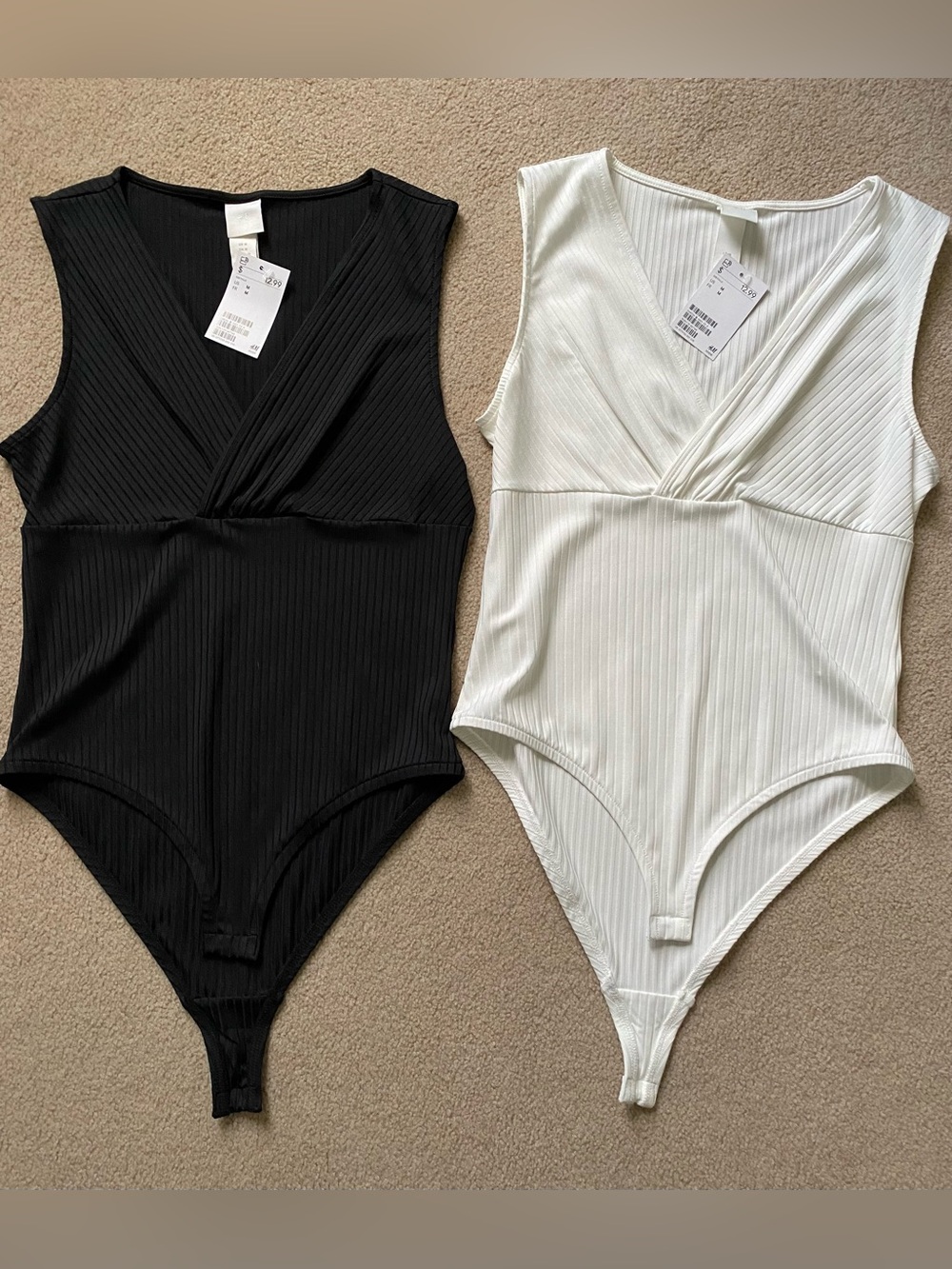 H & M Ribbed V-Neck One-Piece Bodysuit in Black and White